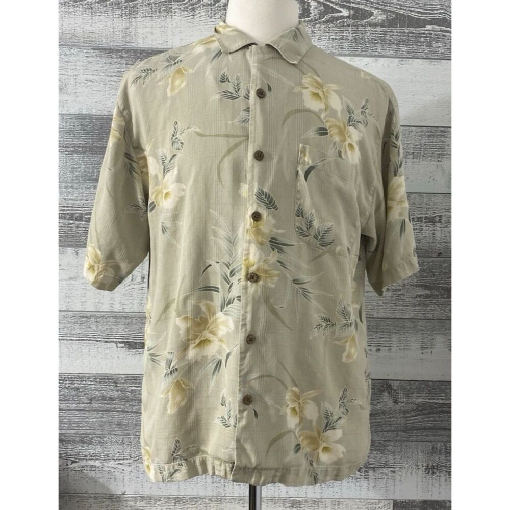 Tommy Bahama Shirt Men's M Beige Flower Hawaiian Button Down 100% Silk Beach